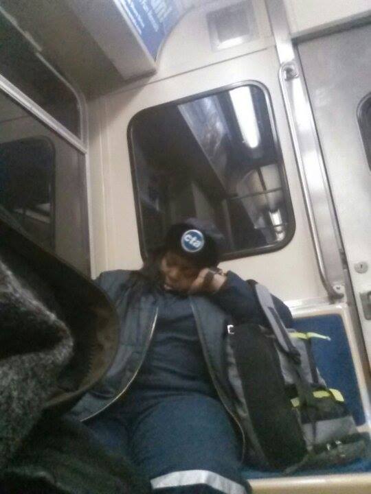 Snoozing in uniform and taking up 2 seats in rush hour!