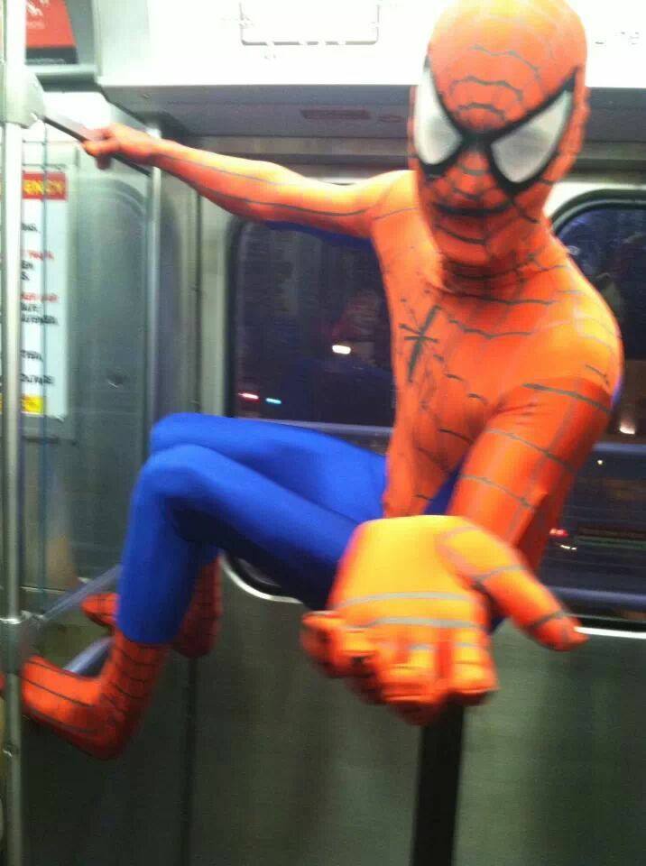 Spiderman fighting crime on the EL